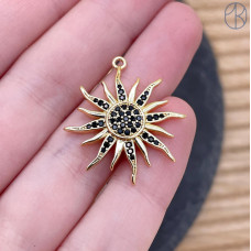 Подвеска солнце с черными цирконами, цвет золото 27х25 мм