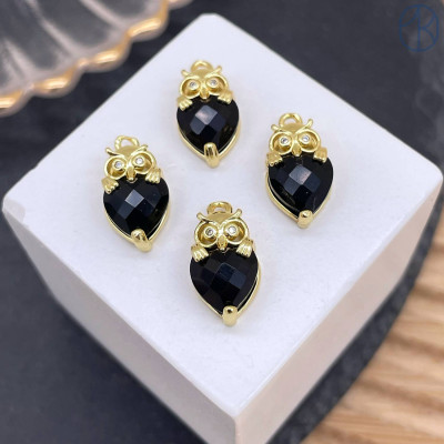 Подвеска сова черный агат, цвет золото 14 мм