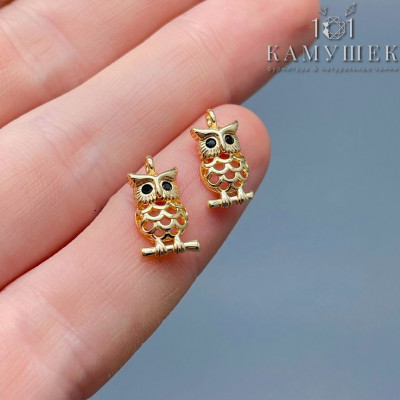 Подвеска сова на ветке черные цирконы, цвет золото 12х6 мм 