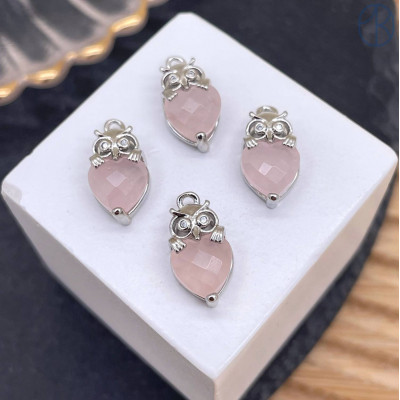 Подвеска сова розовый кварц, цвет серебро 14 мм