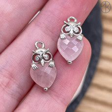 Подвеска сова розовый кварц, цвет серебро 14 мм