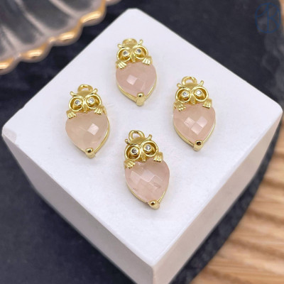 Подвеска сова розовый кварц, цвет золото 14 мм