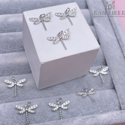 Подвеска стрекоза цирконы, цвет серебро 12х15 мм