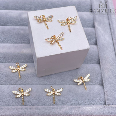 Подвеска стрекоза цирконы, цвет золото 12х15 мм