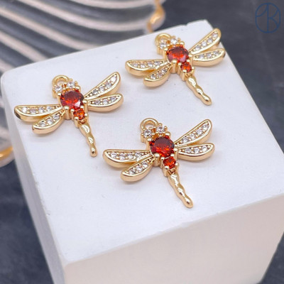 Подвеска стрекоза красный циркон, цвет золото 17х19 мм