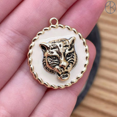 Подвеска тигр белая эмаль, цвет золото 25 мм