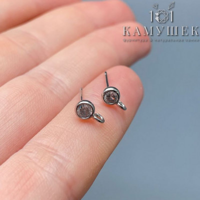 Пусеты круг циркон, цвет серебро 4 мм