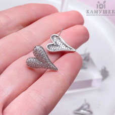 Пусеты сердце цирконы, цвет серебро 13х16 мм 