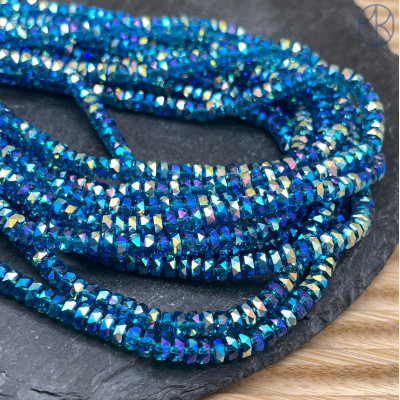 Стекло рондель огранка темно-голубое с переливом 4х2 мм