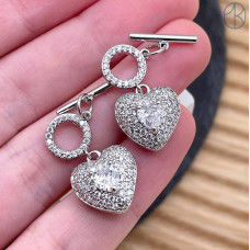 Замок тогл с подвеской сердце цирконы, цвет серебро 12 мм 