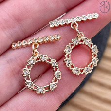 Замок тогл сердца цирконы, цвет золото 14 мм 